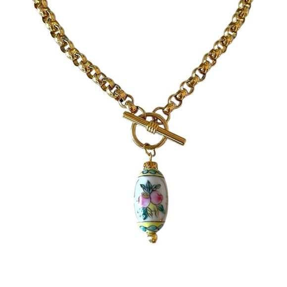 Chinese Porcelain Floral Bead Pendant Necklace - Picture 4 of 6